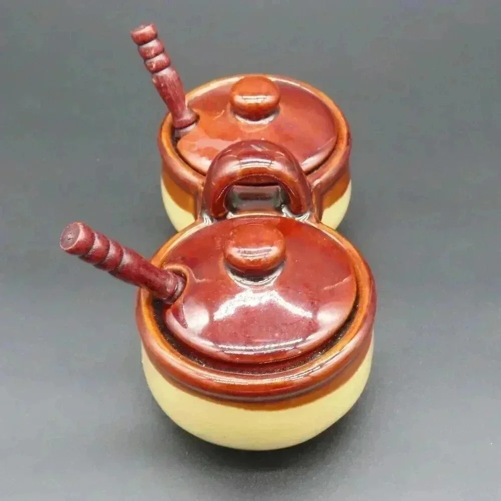 Crock Brown Drip Condiment Caddy Speckled Brown Glaze Vintage Stoneware